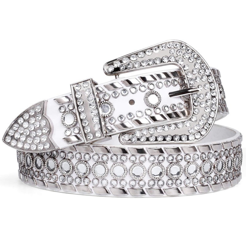 SUOSDEY Rhinestone Belt for Men Women Western Cowboy Cowgirl Bling Studded Leather Belt for Jeans Pants,White,S - Image 1